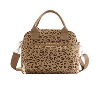 1Pc Print Corduroy Reusable Lunch Bag Adults, Insulated Tote with Cup Holder, Crossbody Work Bag for Meals, Phones and Cutlery Storage (Brown Leopard Print)