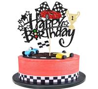 1Pc Race Car Happy Birthday Cake Topper Glitter Traffic Light Trophy Flag Helmet Racing Car Cake Picks for Let's Go Racing Theme Baby Shower Boys Birthday Party Decorations Supplies