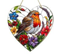 1Pc Robin Sun Catcher for Windows 20x20CM Heart-Shaped Vibrant Garden Hanging Ornaments Outdoor Bird Themed Gift for Women Stained Glass Effect Window Decoration