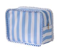 1PC Ruffle Makeup Bag 12x9.5x5in Large Sweet Seersucker Striped Makeup Bag Portable Travel Ruffle Pouch for Women Girls