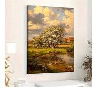 1pc Rural Landscape Canvas Wall Art Idyllic Blooming Tree And Pond View Print Artwork For Living Room Bedroom Decor 40x60cm framework