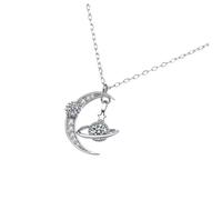 1Pc S925 Silver Wishing Star Zirconia Full Diamond Moon Pendant Chain Style Necklace for Women's Elegant