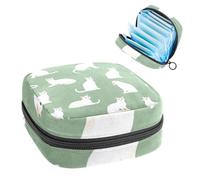 1Pc Sanitary Napkin Storage Bag, Large Sanitary Pad Organiser Reusable First Period Bag for Girls Women Ladies - 17 x 17 x 12 cm/Elegant White Cats on a Sage Green Background