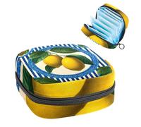 1Pc Sanitary Napkin Storage Bag, Large Sanitary Pad Organiser Reusable First Period Bag for Girls Women Ladies - 17 x 17 x 12 cm/Lemon Fruit with Stripes and Blue Circle Frame