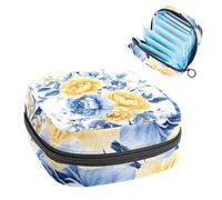 1Pc Sanitary Napkin Storage Bag, Large Sanitary Pad Organiser Reusable First Period Bag for Girls Women Ladies - 17 x 17 x 12 cm/Yellow Blue Watercolour Flowers