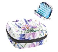 1Pc Sanitary Napkin Storage Bag, Large Sanitary Pad Organiser Reusable First Period Bag for Girls Women Ladies - 17 x 17 x 12 cm/Wildflowers Purple Bluebell Sage Chamomile with Butterflies
