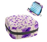 1Pc Sanitary Napkin Storage Bag, Large Sanitary Pad Organiser Reusable First Period Bag for Girls Women Ladies - 17 x 17 x 12 cm/Doodle Purple Wildflower on a Cream Background
