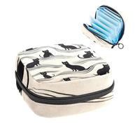 1Pc Sanitary Napkin Storage Bag, Large Sanitary Pad Organiser Reusable First Period Bag for Girls Women Ladies - 17 x 17 x 12 cm/Vintage Black Cats on Wavy Background