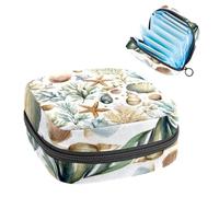 1Pc Sanitary Napkin Storage Bag, Large Sanitary Pad Organiser Reusable First Period Bag for Girls Women Ladies - 17 x 17 x 12 cm/Watercolor Starfish Seashells Seaweed and Plants