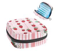 1Pc Sanitary Napkin Storage Bag, Large Sanitary Pad Organiser Reusable First Period Bag for Girls Women Ladies - 17 x 17 x 12 cm/Cute Strawberries Vintage Pink Striped Background