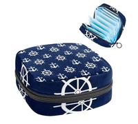 1Pc Sanitary Napkin Storage Bag, Large Sanitary Pad Organiser Reusable First Period Bag for Girls Women Ladies - 17 x 17 x 12 cm/Nautical Anchors and Steering Wheels on Navy Blue Background