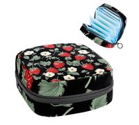1Pc Sanitary Napkin Storage Bag, Large Sanitary Pad Organiser Reusable First Period Bag for Girls Women Ladies - 17 x 17 x 12 cm/Cute Fruit Strawberries Leaves and White Flowers