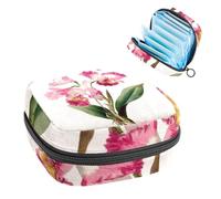 1Pc Sanitary Napkin Storage Bag, Large Sanitary Pad Organiser Reusable First Period Bag for Girls Women Ladies - 17 x 17 x 12 cm/Pink and White Orchid Flowers with Green Leaves