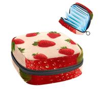 1Pc Sanitary Napkin Storage Bag, Large Sanitary Pad Organiser Reusable First Period Bag for Girls Women Ladies - 17 x 17 x 12 cm/Red Strawberries on Color Background