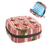 1Pc Sanitary Napkin Storage Bag, Large Sanitary Pad Organiser Reusable First Period Bag for Girls Women Ladies - 17 x 17 x 12 cm/Cute Strawberries Vintage Striped Background
