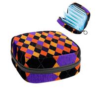1Pc Sanitary Napkin Storage Bag, Large Sanitary Pad Organiser Reusable First Period Bag for Girls Women Ladies - 17 x 17 x 12 cm/Halloween Orange Purple and Black Seamless Argyle Pattern
