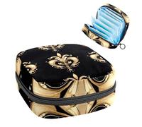 1Pc Sanitary Napkin Storage Bag, Large Sanitary Pad Organiser Reusable First Period Bag for Girls Women Ladies - 17 x 17 x 12 cm/Vintage Gold Black Fleur De Lis Pattern