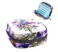 1Pc Sanitary Napkin Storage Bag, Large Sanitary Pad Organiser Reusable First Period Bag for Girls Women Ladies - 17 x 17 x 12 cm/Watercolor Purple Wild Flowers Bouquet with Butterflies
