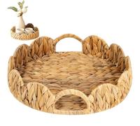 1PC Scalloped Water Hyacinth Woven Basket Tray, 12 Inch Round Rattan Serving Tray With Handle for Dining Table, Vanity, Bedroom, Kitchen
