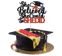 1Pc She Believed She Could So She Did Cake Topper Red Glitter 2026 Girl Graduation Cake Decorations for 2026 Graduation Party Decoration Supplies