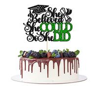 1Pc She Believed She Could So She Did Cake Topper with Glitter Grad Cap Cake Pick Class of 2023 Senior Graduation Cake Decoration for 2023 Graduation Theme Party Decorations Supplies Green