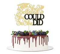 1Pc She Believed She Could So She Did Cake Topper with Glitter Grad Cap Cake Pick Class of 2025 Senior Graduation Cake Decoration for 2025 Graduation Theme Party Decorations Supplies Gold