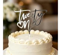 1PC Silver Twenty One with Heart Cake Topper for 21st Birthday | 1.3mm thick acrylic, 9cm width, elegant silver finish, reusable 21st birthday cake decoration