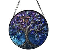 1PC Stained Glass Window Hanging, Dark Blue Trees of Life Stained Glass, 6.3" Round Sun Catcher with Chain, Hanging Stained Glass for Balcony Window Wall Garden Decor, Gift