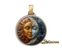 1pc Stunning Round Pendant Necklace - Unique Sun & Moon Pattern, Oil Painting Style Glass Mosaic, Alloy Construction, Trendy Sweater Chain, Fashionable Gift for Girls and Women - Christmas or Birthday