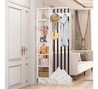 1pc Teak Wood Decorative Room Divider with Coat Rack & Storage Cabinet - Modern Freestanding Privacy Screen(W Texture+black,31.4x9.4x79.5in)