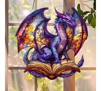 1PC The Colorful Dragon on Open Book Acrylic Suncatcher Hanging, 7.08 inch Window Decor with Printed Stained Glass Style Design, Gift Idea & Garden Ornament Indoor Outdoor Use/DW-26