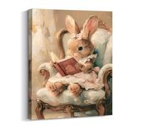1pc Vintage Bunny Reading Canvas Wall Art, Bohemian Rabbit Painting Poster, Inspirational Art Print Living Room Decor 70x100cm framework