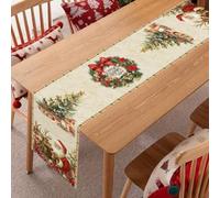 1pc Vintage Santa Claus & Reindeer Christmas Table Runner 70x13 Inch Polyester Festive Holiday Dining Decor with Wreath & Gift Box Pattern for Xmas Party, Kitchen Centerpiece