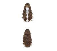 1pc Wavy Synthetic Wigs With Bangs Long Curly Hair For Wome Daily Party Use Elegant Imitation Wig Natural Heat Resistant Fiber(Flaxseed tea brown)