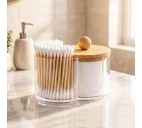 1Pcs 2-in-1 Transparent Cotton Swab & Makeup Pad Organizer with Lid, Dual Compartment Clear Plastic Bathroom Storage Box, Space-Saving Vanity Countertop Holder
