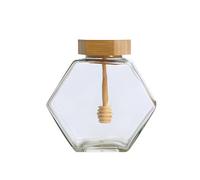 1Pcs 380ml Clear Hexagon Thick Glass Honey Jar with Wooden Dipper and Cork Lid Refillable Beehive Syrup Pot Food Storage Container for Home Kitchen