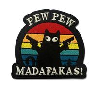 (1pcs-3in) Embroidered Patch Funny Cat Pew Pew Madafakas Retro Sunset Design, Humor Iron On Sew On Applique for Jacket, Backpack, Hat, Vest, DIY Clothing Decoration, Gift for Cat Lovers