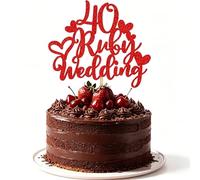 1Pcs 40th Wedding Anniversary Cake Toppers, Red Glitter 40th Wedding Anniversary Heart Cake Decoration for Celebration Party Supplies