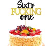 1PCS 61st Birthday Cake Topper Happy Sixty One Black Gold Glitter Cake Toppers Cheers to 21 Years Birthday Decorations for Him Her
