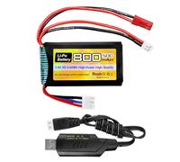 1PCS 7.4V LiPo 2S 50C 800mAh with JST and PH2.0 plug with USB charging cable for SCX24 RC Car Battery, Compatible With Most 1/10, 1/16, 1/18, 1/24 Scale RC Car, Truck And RC Drone Batteries