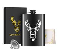 1pcs 8Oz Stainless Steel Hip Flask, Pocket Flask, with Funnel and Greeting Card Gift Box, White Deer Head Pattern Personalised Flask Alcohol, Perfect for Camping, Hiking, and Outdoor Activities, Black