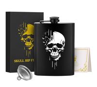 1pcs 8Oz Stainless Steel Hip Flask, Pocket Flask, with Funnel and Greeting Card Gift Box, White Skull Pattern Personalised Flask Alcohol, Perfect for Camping, Hiking, and Outdoor Activities, Black