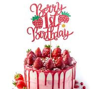 1pcs Berry 1st Birthday Cake Topper Flower Glitter Strawberry Theme 1st Birthday Cake Pick for Sweet Fruit Theme Baby Shower First Birthday Party Cake Decorations Supplies
