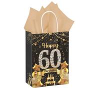 1Pcs Black Gold 60th Birthday Gift Bag with Tissue Paper - 60th Birthday Wrapping Paper Bags for 60 Year Old Present, B-irthday Party Supplies for Men & Women(22cm x 15.7cm x 8cm