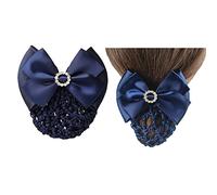 1Pcs Blue Rhinestone Satin Bow Barrette Bowknot Snood Net Barrette Hair Clip Bun Cover Hairnet Bowknot Decor French Hair Clip Women ladies Girls Hair Accessories