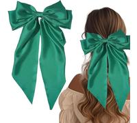 1PCS Bow Hair Clip,Big Bowknot Hairpin with Long Silky Satin,Solid Color French Barrette for Women Girls (Dark green)