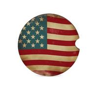 1PCS Car Cup Holder Coaster Insert 2.6 Inch Absorbent Vintage American Flag 4Th of July USA Coaster with Finger Grooves Non-slip Cork Base Round Cup Mat for Hot Cold Drinks Universal Vehicle Car Inter
