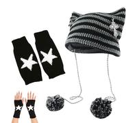 1Pcs Cat Beanie + 1Pcs Star Printed Fingerless Gloves, Cat Hat for Womens Clothing Accessories, Accessories for Y2K, Emotional Rock Style, Grunge Clothes