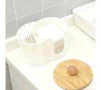 1PCS Cosmetics Cotton Pads Swabs Balls Organizer Makeup Remover Cotton Powder Puff Double Hole Storage Holder 2-in-1 White Round Integrated Bamboo Cover Box
