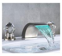 1PCS Crystal Handle Waterfall Spout Wide Basin Double Handle Three Hole Countertop Mount Basin Mixer(Nickel A LED)